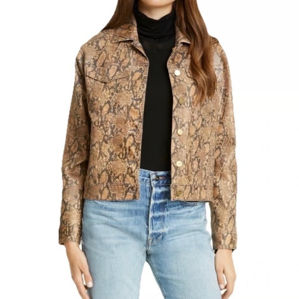 Frame Denim Tan Brown Snakeskin Cropped Jean Jacket